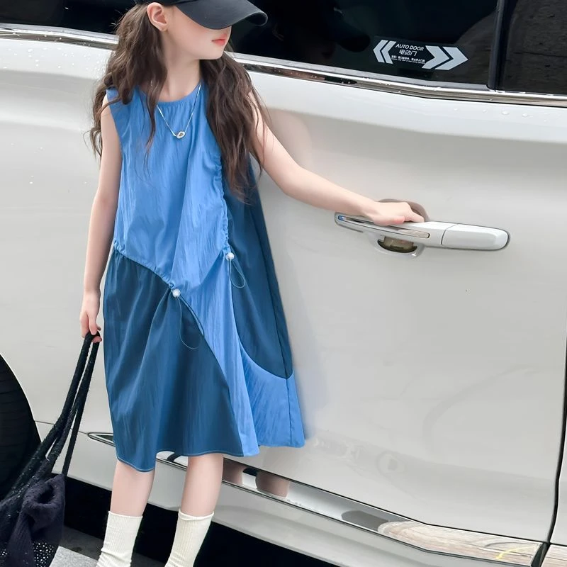 女童无袖拼接抽绳儿童连衣裙夏季中大童拼色背心洋气女孩裙子薄款