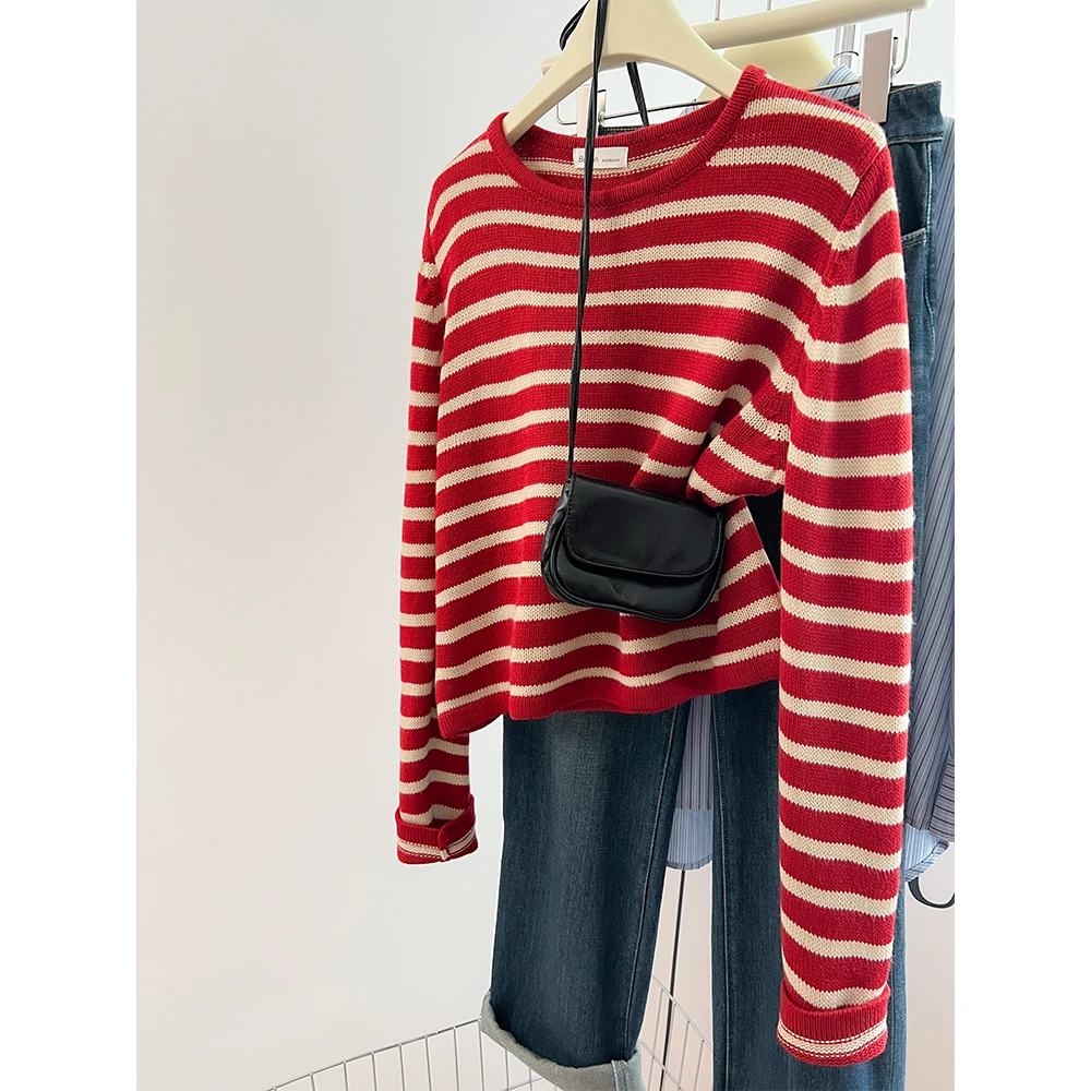 韩版百搭红色条纹长袖针织衫女秋冬经典时尚简约气质套头毛衣上衣