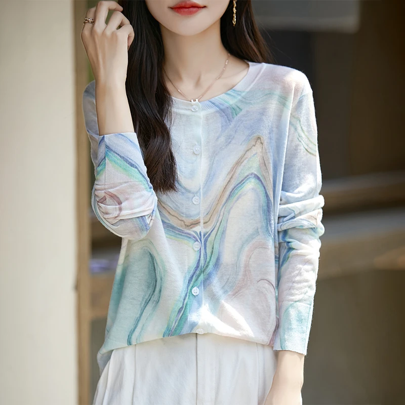 美S了！炒细软水溶羊毛 水墨晕染印花亲肤舒适轻薄长袖针织衫开衫