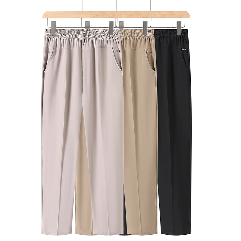 夏季薄款中老年女裤高腰松紧弹力休闲九分妈妈宽松筒裤直筒裤子