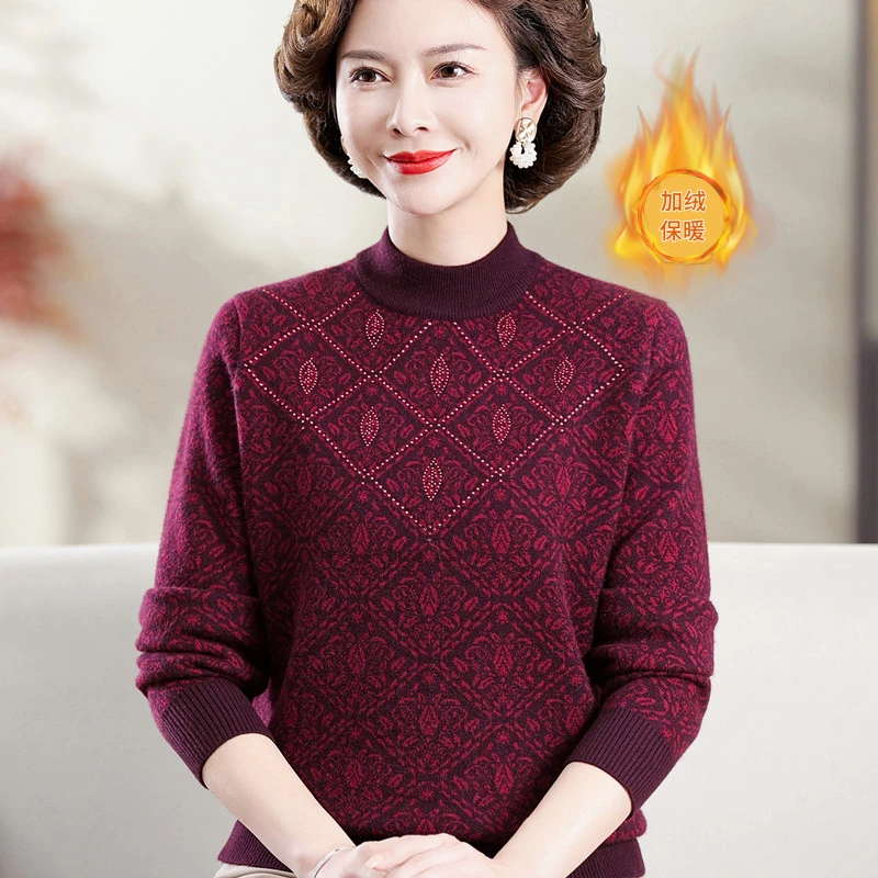 中老年人妈妈装秋冬毛衣新款一体绒加厚打底衫上衣奶奶装保暖内搭