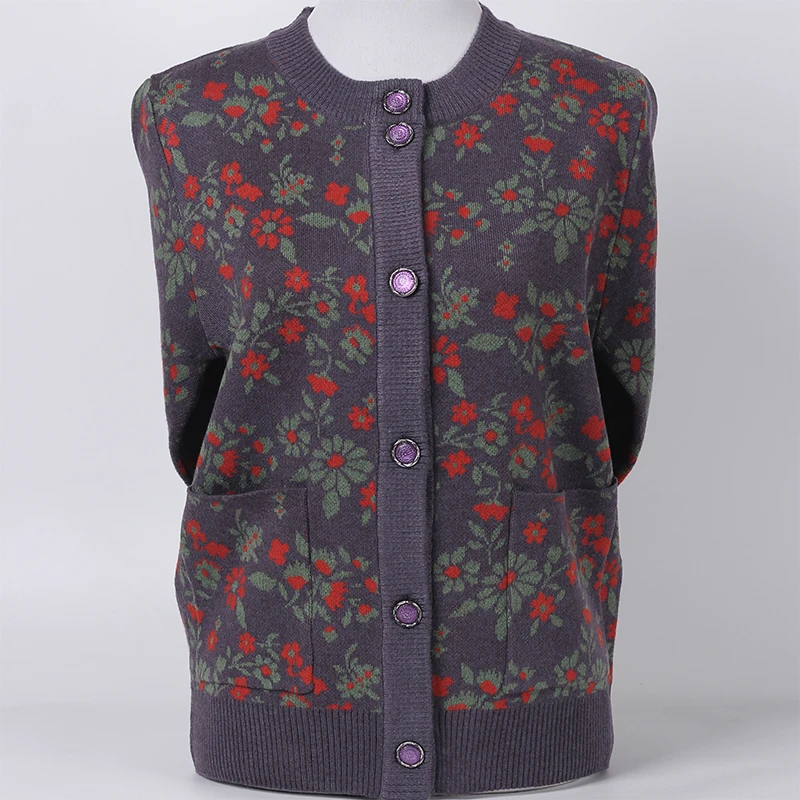 老年人秋冬装女毛衣开衫外套奶奶装毛衫加绒针织衫老太太上衣服