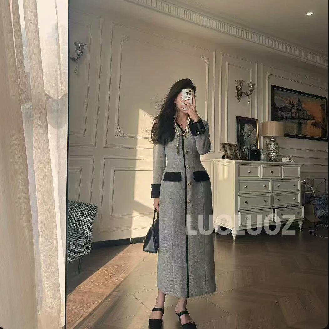 【现货】LUOLUOZ【长岛故城】绵羊毛撞色修身气质女神范长款连衣裙