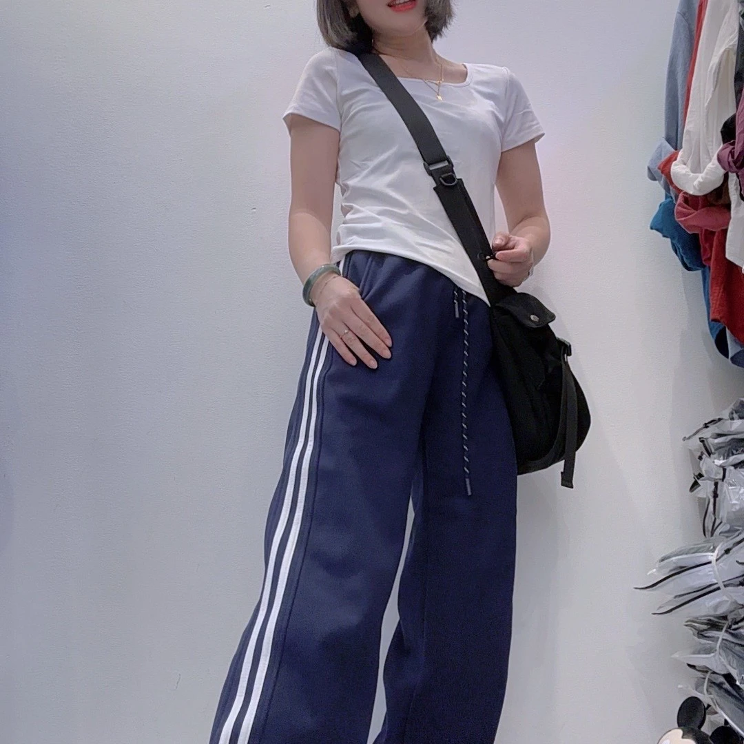 2024冬款加绒白色条纹直筒时尚百搭潮流舒适运动休闲裤