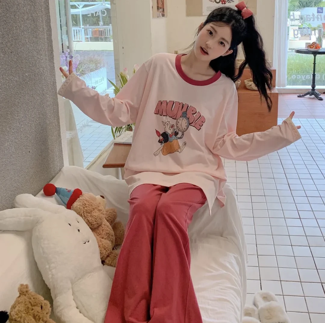 秋冬女长袖长裤纯棉睡衣宽松舒适卡通印花曼城旧事家居服套装
