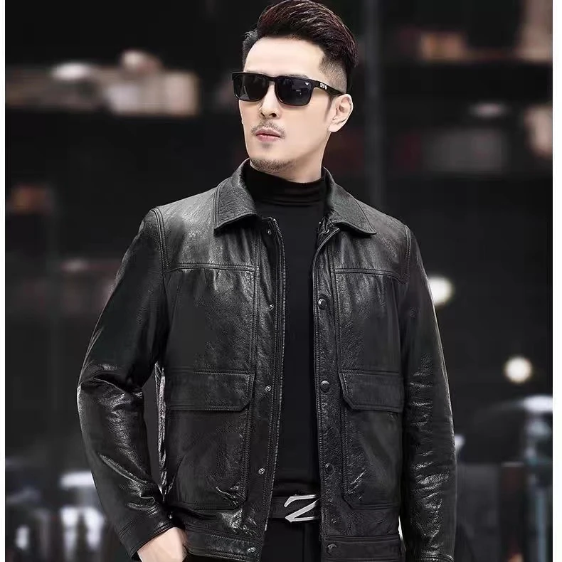 海宁真皮皮衣头层油蜡牛皮男款商务休闲秋冬单皮外套翻领百搭