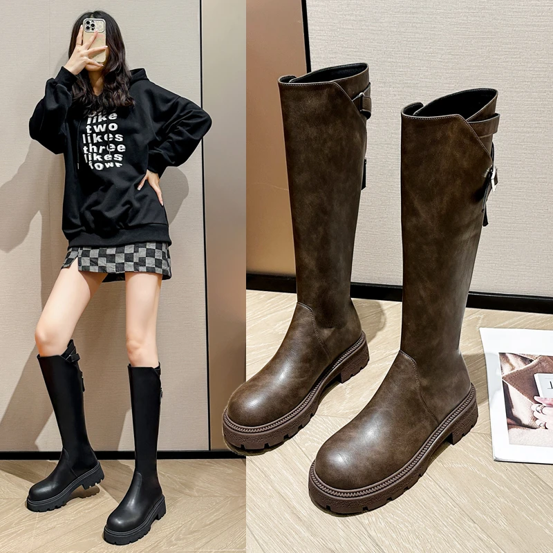秋冬新款美拉德粗腿靴子胖mm高筒骑士靴厚底大筒围长筒靴大码女靴