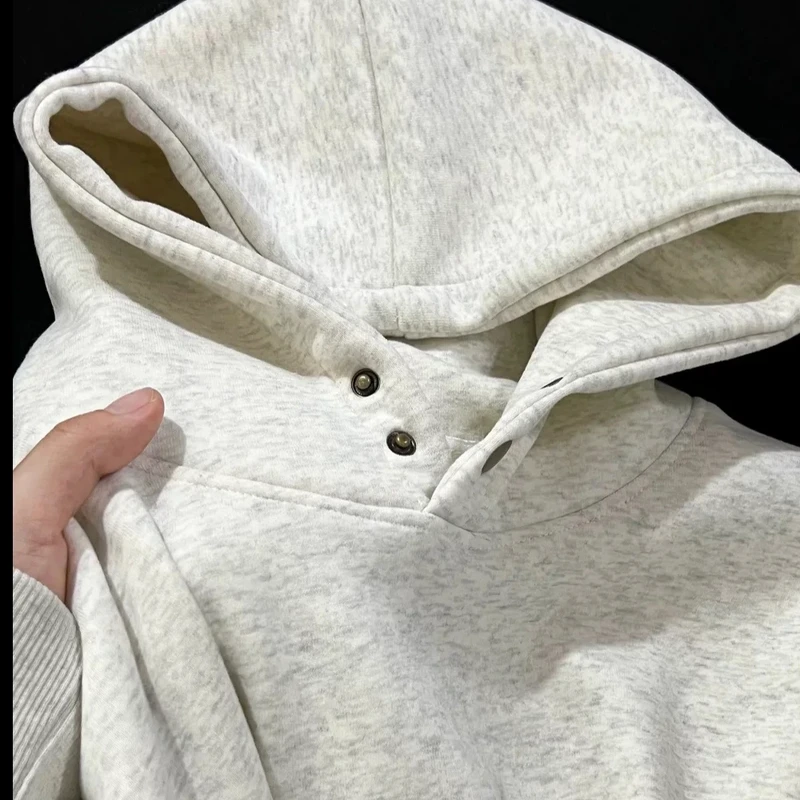 美式重磅纯色双纽扣带帽套头秋冬加绒连帽卫衣宽松休闲情侣男款