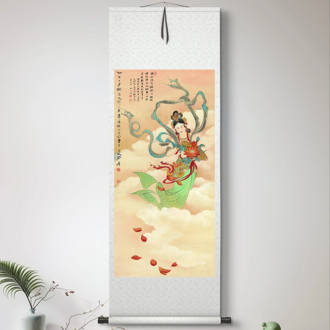 【精致】《天女散花图》现代餐厅客厅玄关挂画书房国风装裱国画大气