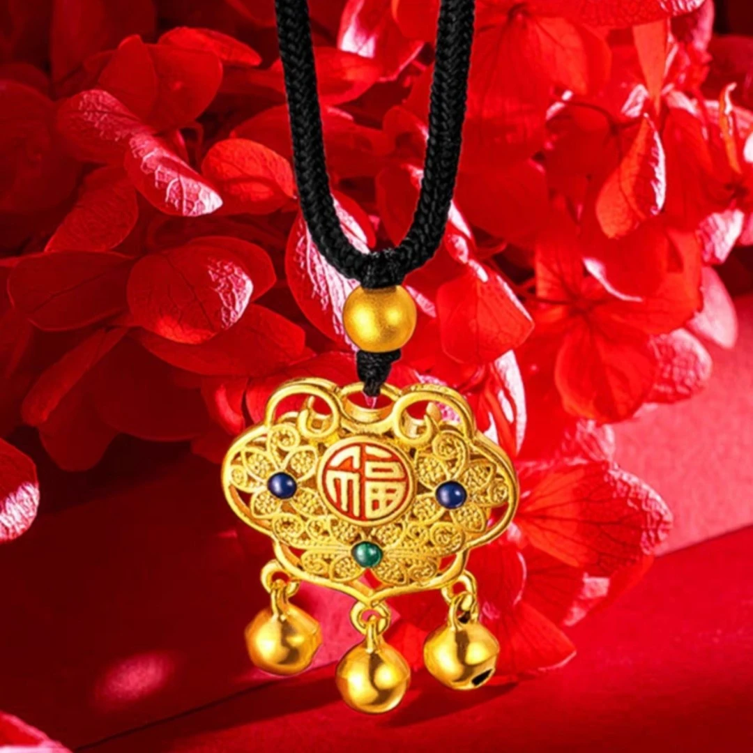 合金项链 时尚轻奢气质  福字烧蓝如意锁黑绳款