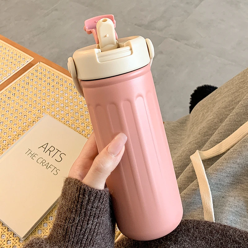 简约保温杯女生高颜值水杯带吸管学生大容量便携304不锈钢杯子