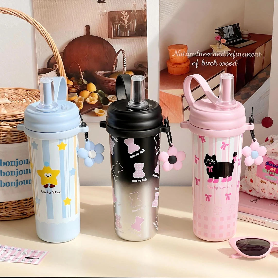 高颜值保温杯大容量女生吸管杯便携可爱办公巨无霸带背带户外杯子