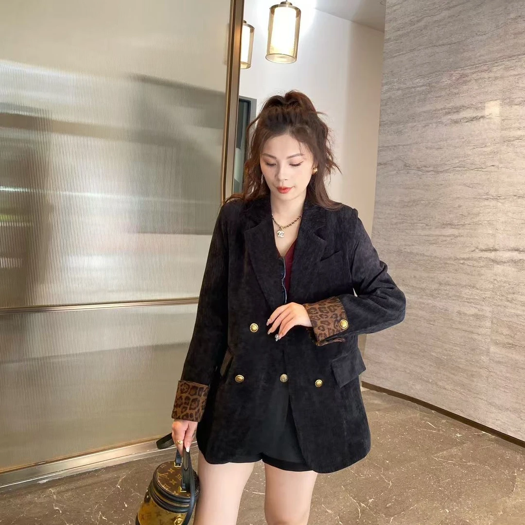24036拼接豹纹西装外套雪尼尔2024秋冬新款轻奢韩版宽松百搭西服