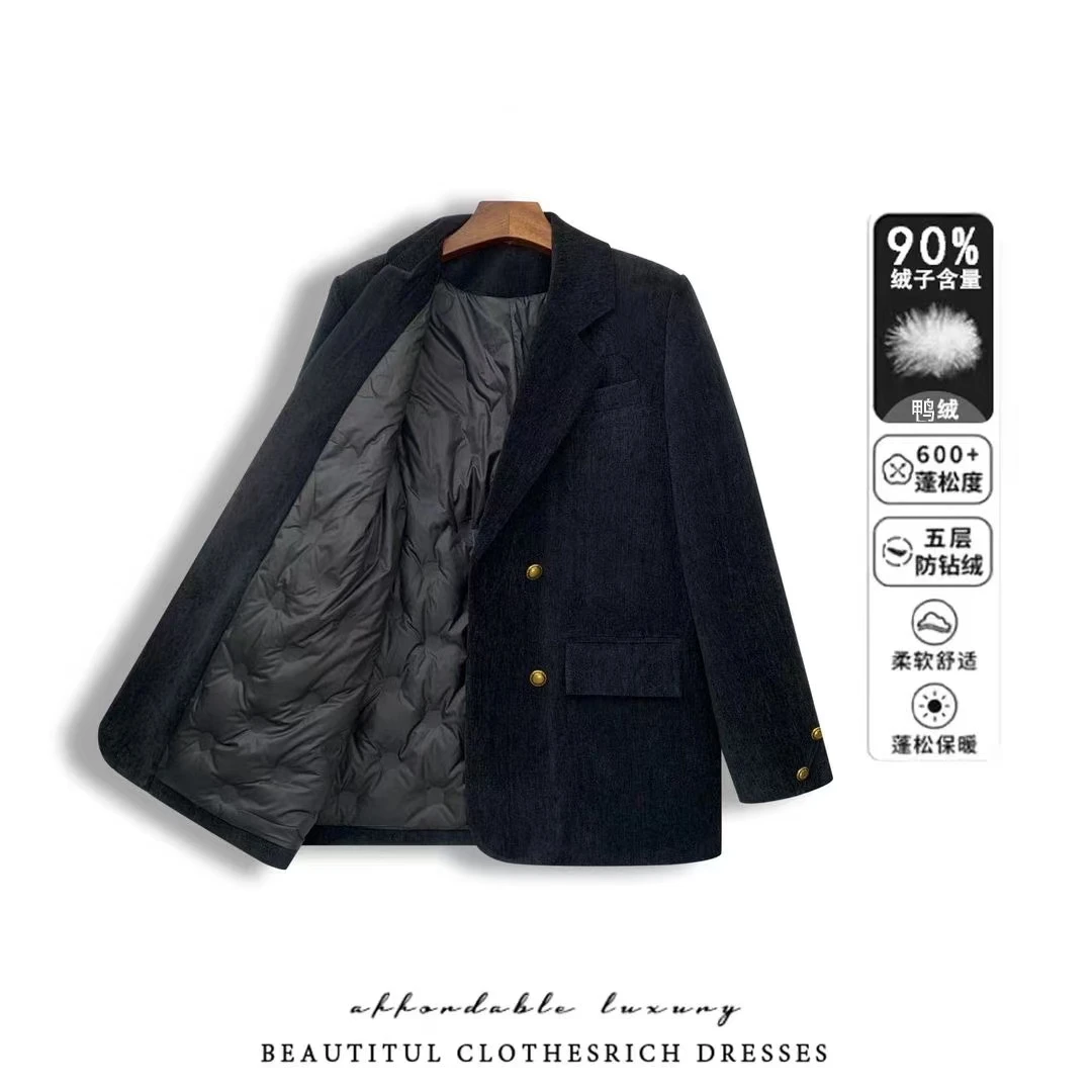 90白鸭绒羽绒服雪尼尔西装外套女短款2024冬季加绒加厚韩版宽西服