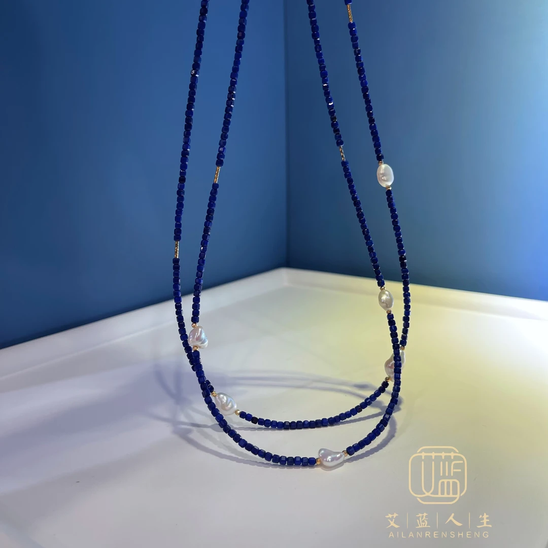 【只此青蓝】18k黄金极光Keshi野生珍珠优质青金石项链多样性发其一