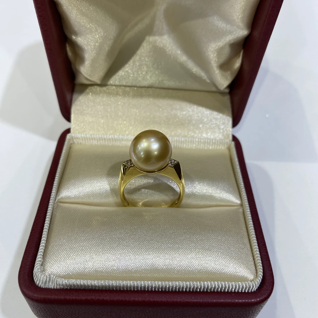 18k金特选高品质正圆极强光无暇南洋金珍珠戒指11-12mm