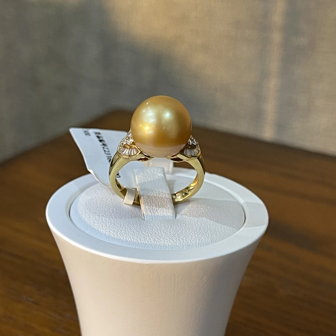 【艾蓝甄选】18k重金12mm正圆浓金无暇极强镜面光 金珠戒指贵气高级