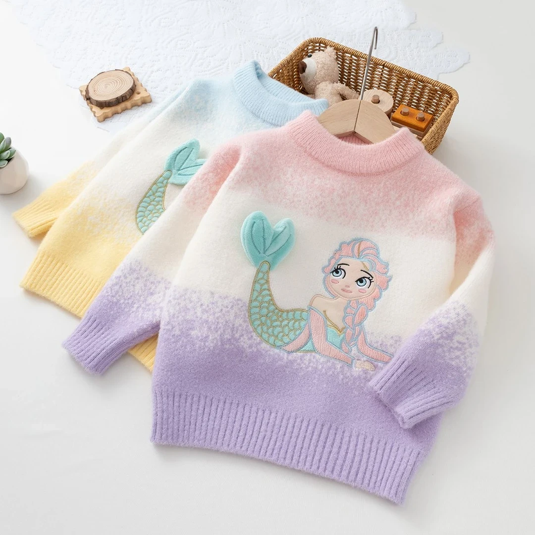 【美人鱼女童毛衣】2024春秋新款儿童女宝宝针织立体渐变色冬季毛衣