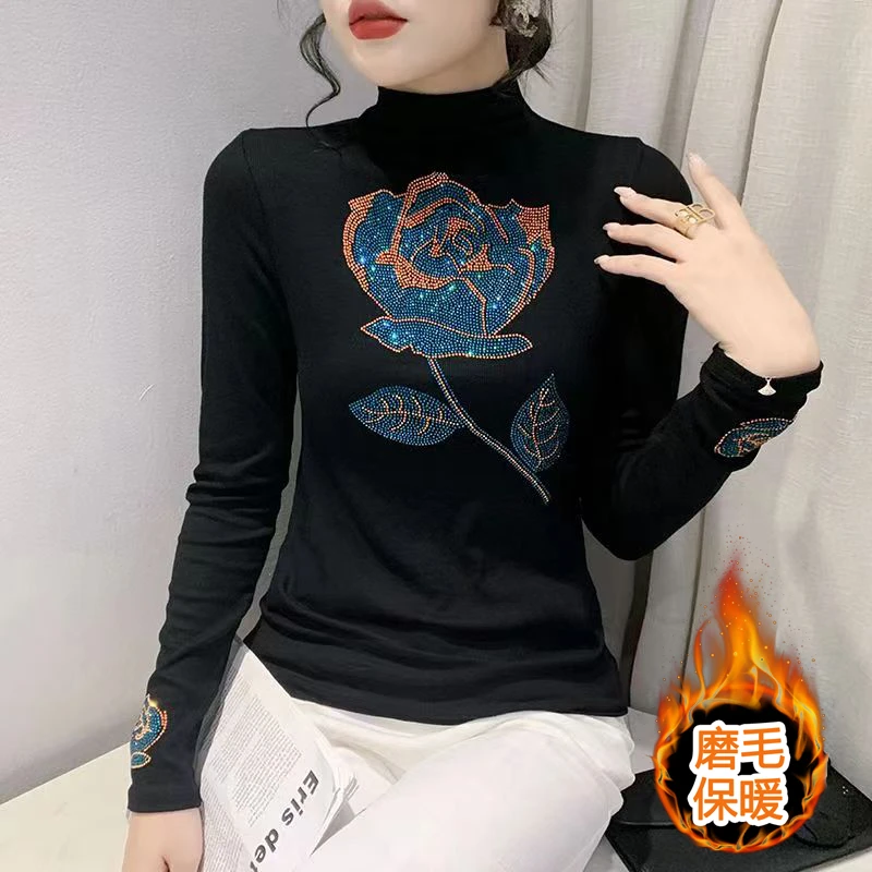 【磨毛保暖】蓝色妖姬打底衫女装欧货重工烫钻长袖T恤加绒上衣女