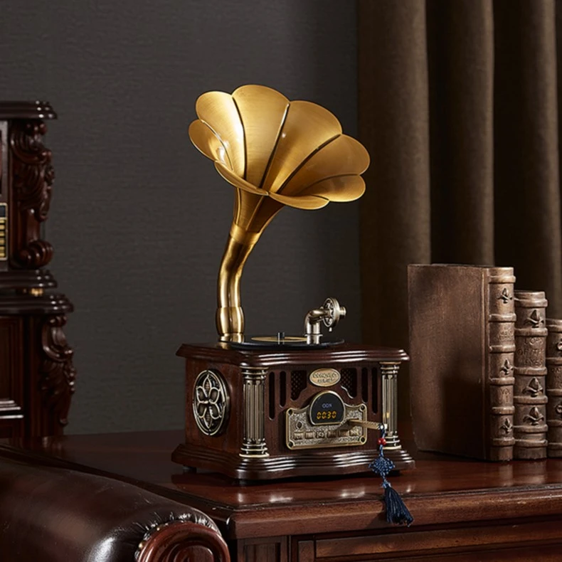 欧蒂诺高档复古蓝牙木制小型留声机欧美老式喇叭音响创意客厅摆件