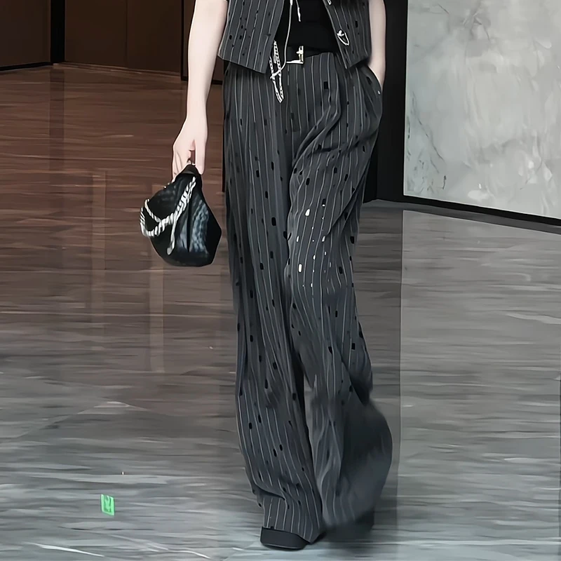 EH2024新款夏季破洞直筒西装裤高腰显瘦垂感拖地阔腿裤W9352