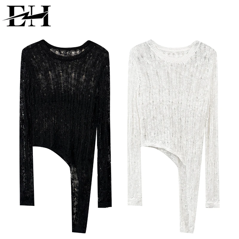 新款美式辣妹镂空破洞斜边中长款毛针织衫小衫女W2512