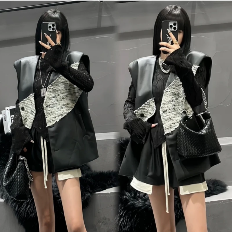 EH高级感小香风宽松马甲外套2024早春新款设计坎肩pu皮马夹W0464