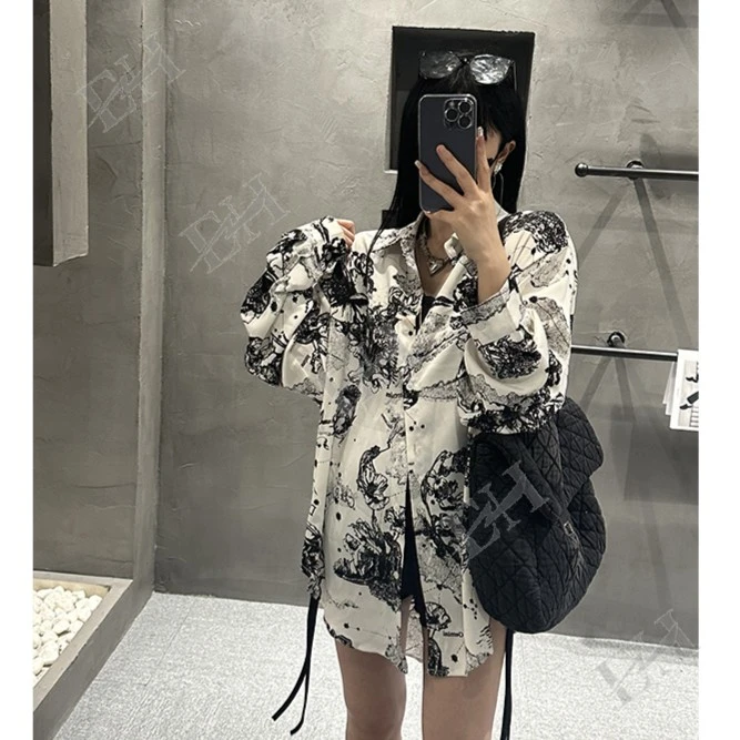 2024春夏季韩版宽松小众设计感花衬衫休闲百搭长袖衬衣女 W0129