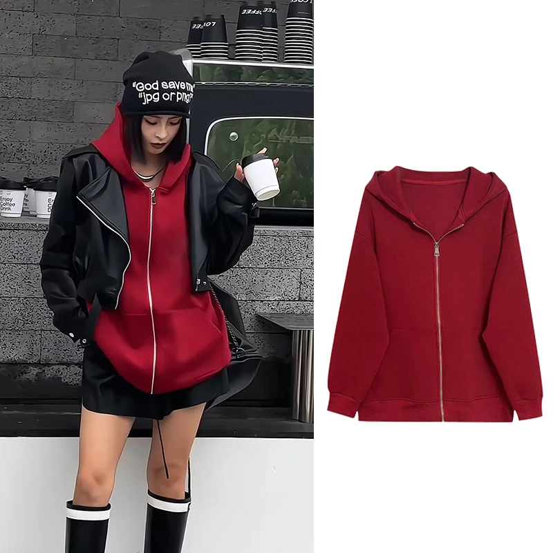 EH2024秋季韩版时尚百搭连帽外套宽松百搭纯色复合大卫衣 W7990