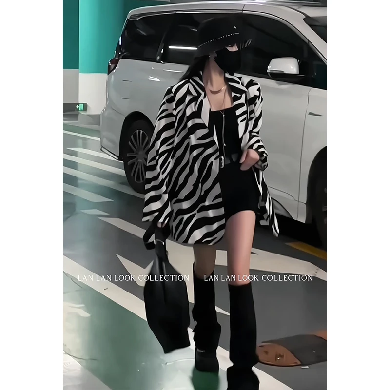 EH微瑕夏季韩版时尚百搭斑马纹西装高级感气质长袖西装外套 W3360
