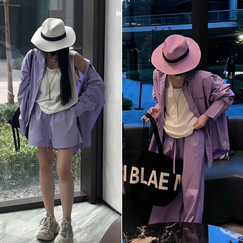 新款随性慵懒防晒衬衫套装女+高腰轻薄阔腿裤两件套W2129-1