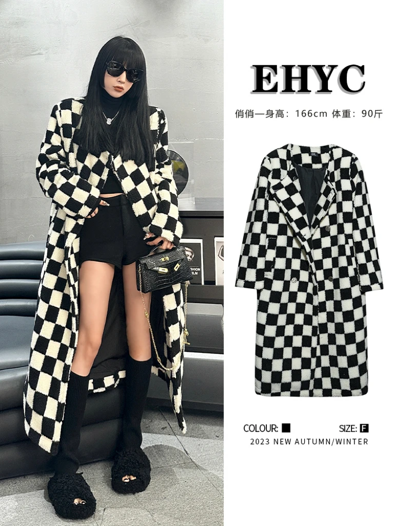 EH韩版棋盘格毛呢外套宽松大衣女格子黑白时尚长款风衣 W5578
