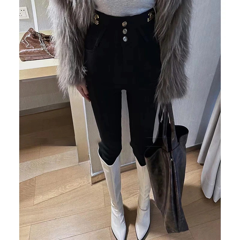 EH2024秋冬季新款黑色修身牛仔裤高腰显瘦九分弹力紧身长裤裤W655