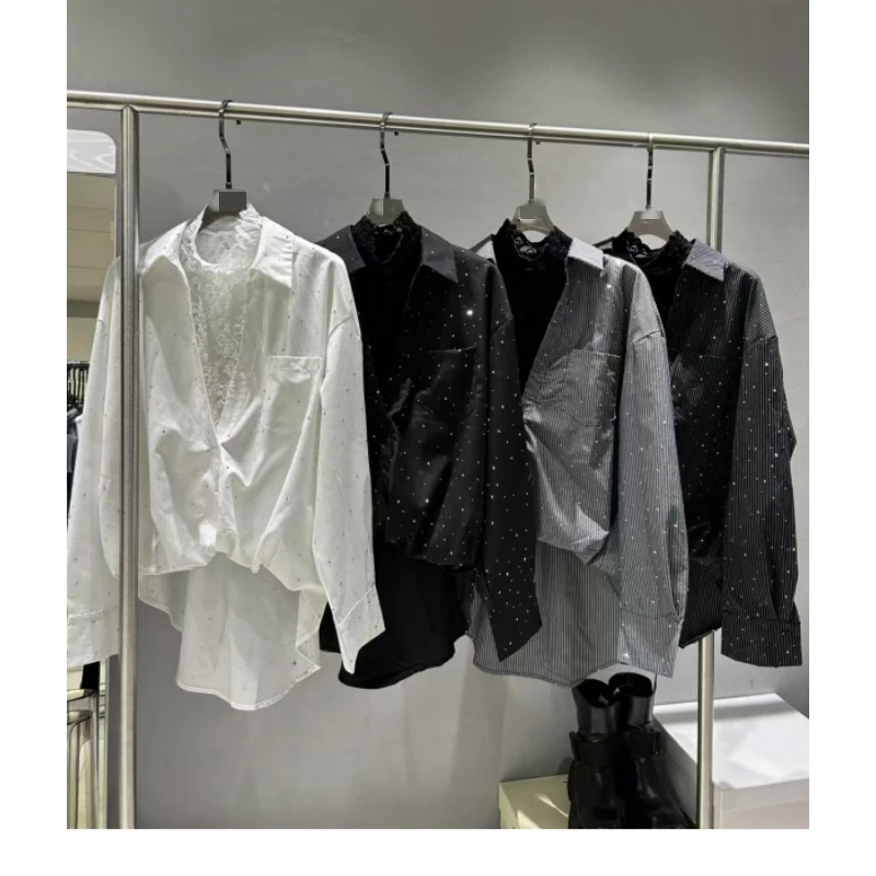 2025春季蕾丝边条纹高级感百搭时尚高级感洋气长袖烫钻衬衫 W2118