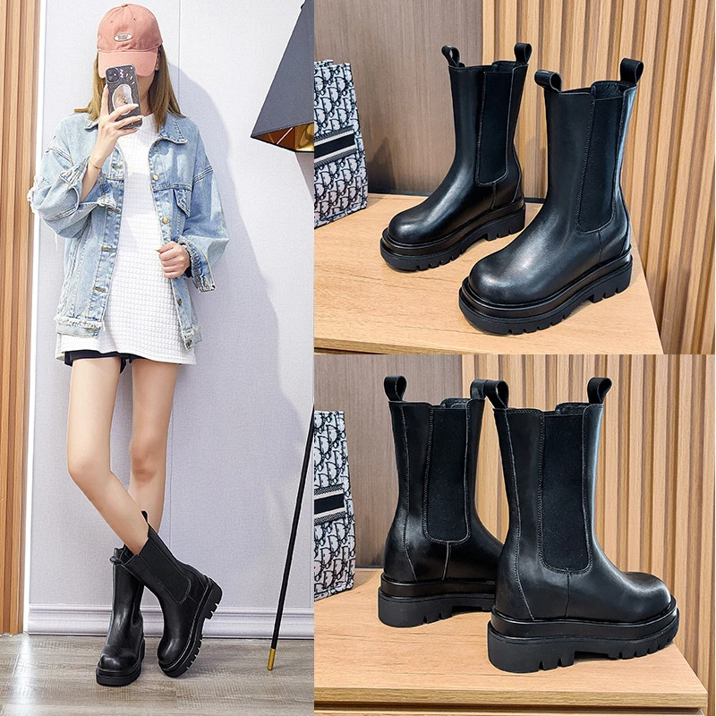 【高版本】马丁靴女英伦风中筒厚底内增高小个子切尔西短靴烟筒靴