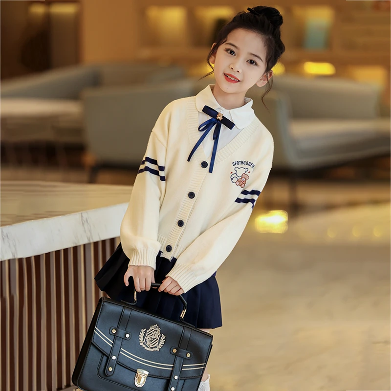 女童秋装JK秋冬儿童针织开衫三件套中大童百褶短裙小女孩套裙秋季