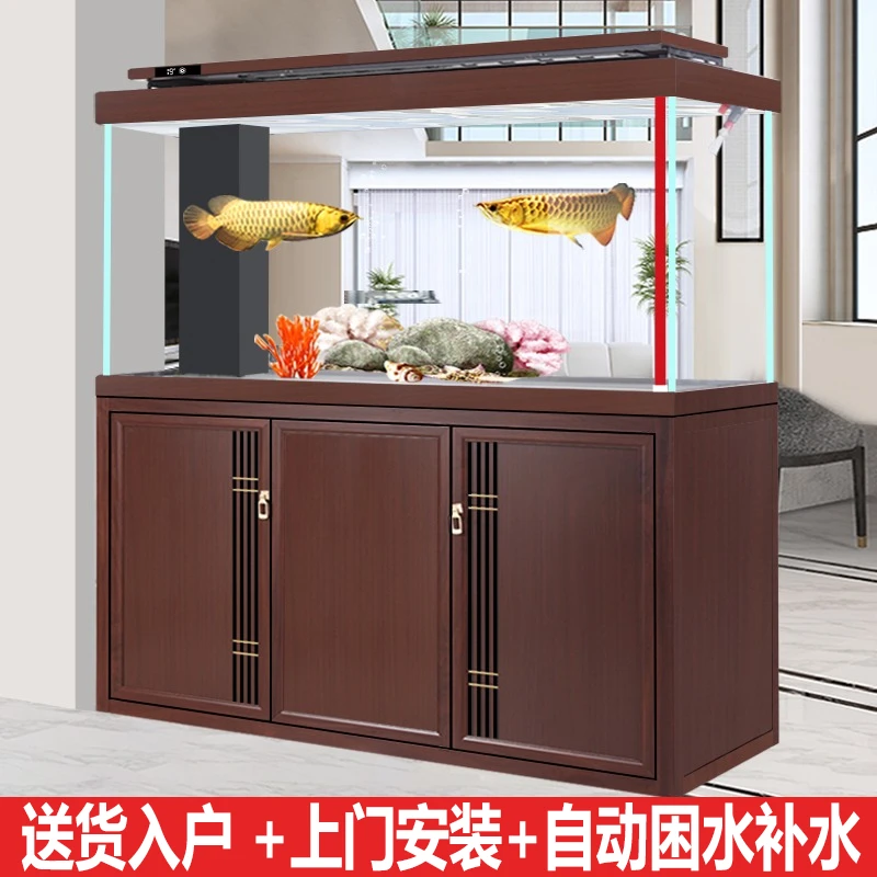 现代简约观赏水族箱客厅办公室进门大号底滤银龙鱼缸落地直角溢流