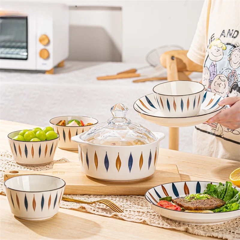 【粉丝福利】北欧干叶陶瓷煲碗盘可进微波炉烤箱带盖套装