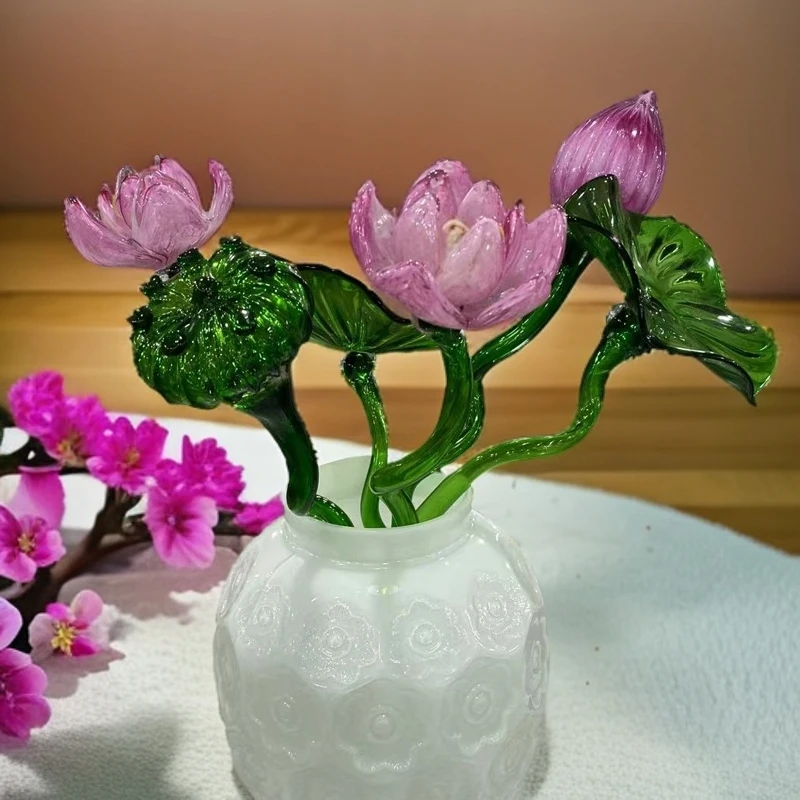 淄博纯熟工琉璃荷花“好运连连”幸福美满家居摆件
