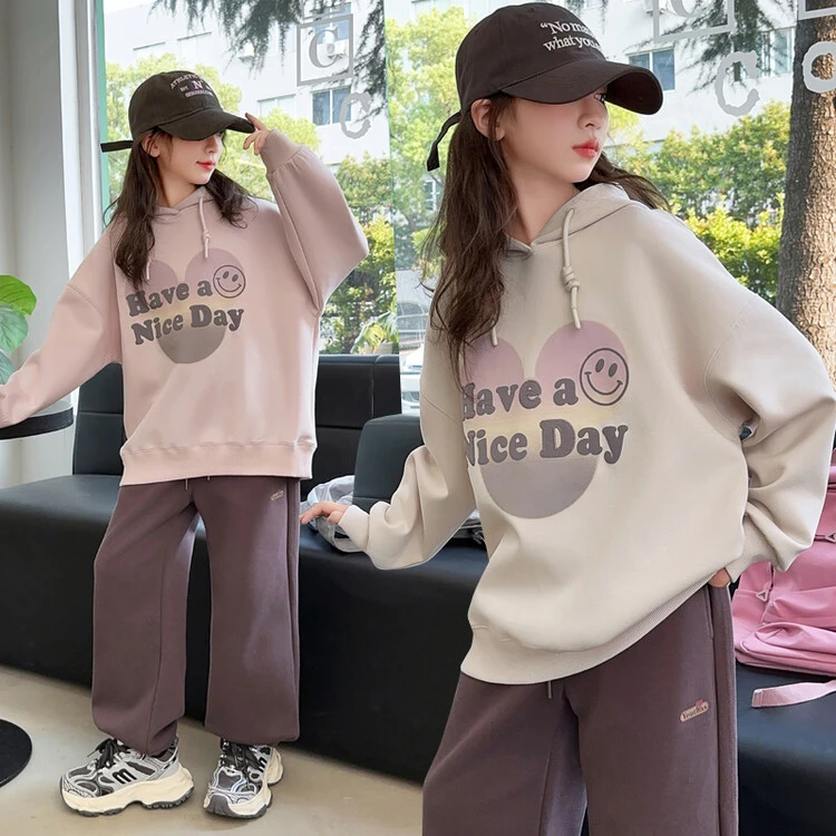 女童春秋季中大童宽松洋气连帽卫衣2024新款5-12岁15岁女孩两件套