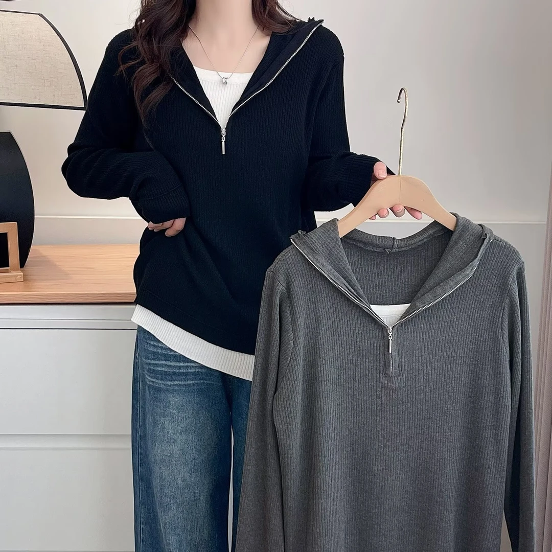 加肥加大码女装胖mm秋季新款假两件长袖针织衫显瘦连帽遮肉外套潮