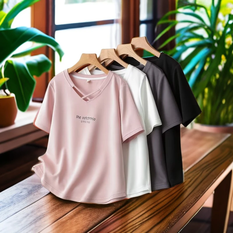 YuJIAN/大码洋气显瘦宽松百搭交叉V领字母印花ins短袖T恤小众夏季