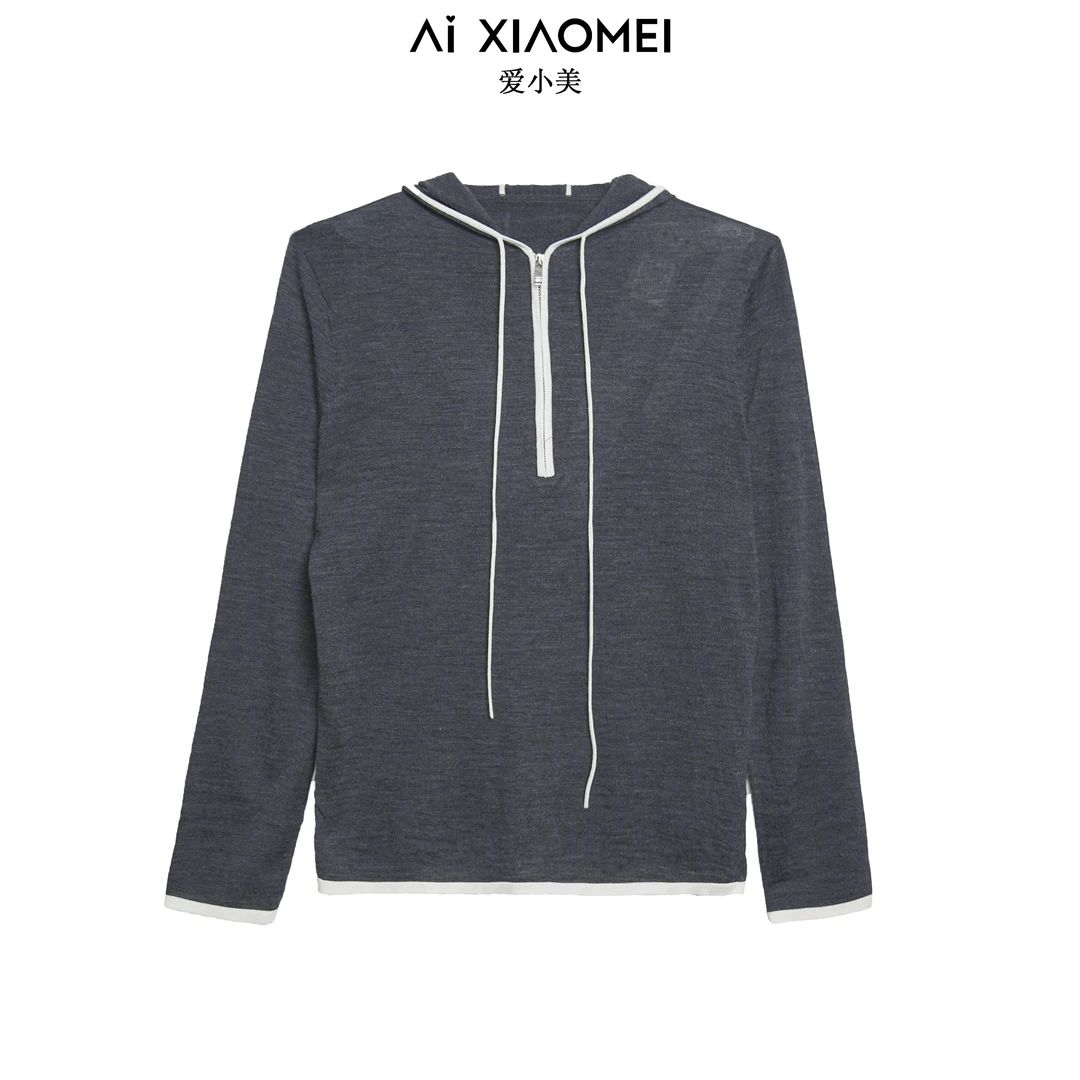 Aixiaomei/爱小美24春18针80支百搭连帽休闲羊毛上衣YM08-2279