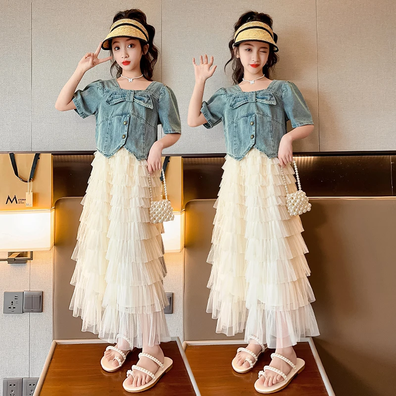女童夏季牛仔上衣网纱裙套装2025款中大童洋气网红夏装蕾丝蛋糕裙