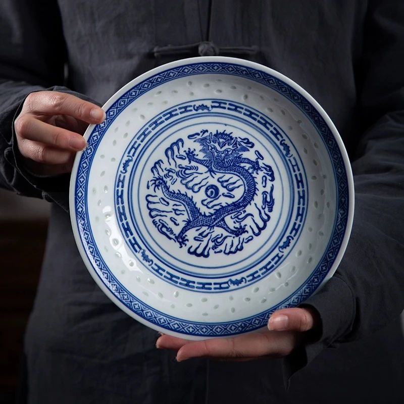 釉下彩青花瓷菜盘家用中式复古传统景德镇玲珑陶瓷盘子窝盘汤盘