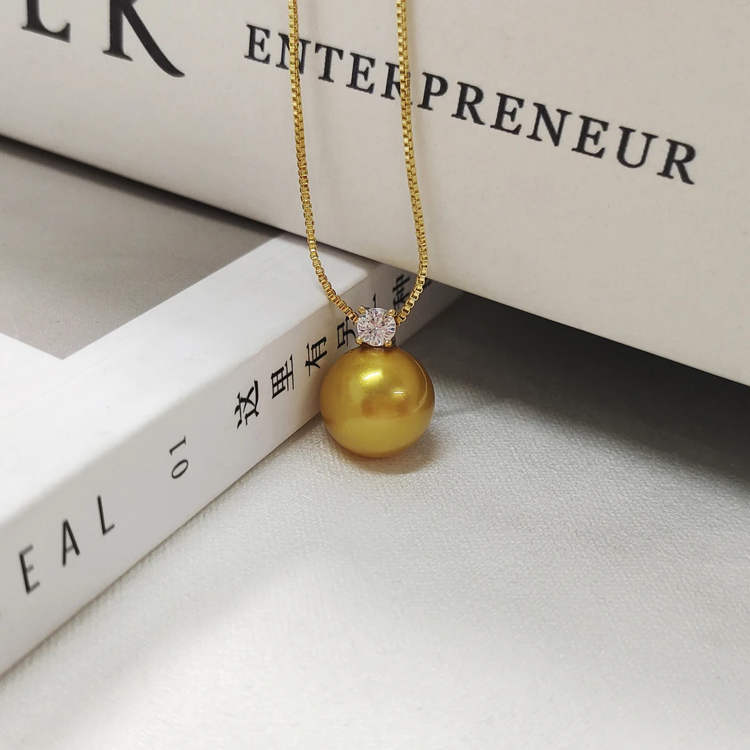 链子925银 正圆南洋单颗金珠戴妃项链女款经典简约颈链l