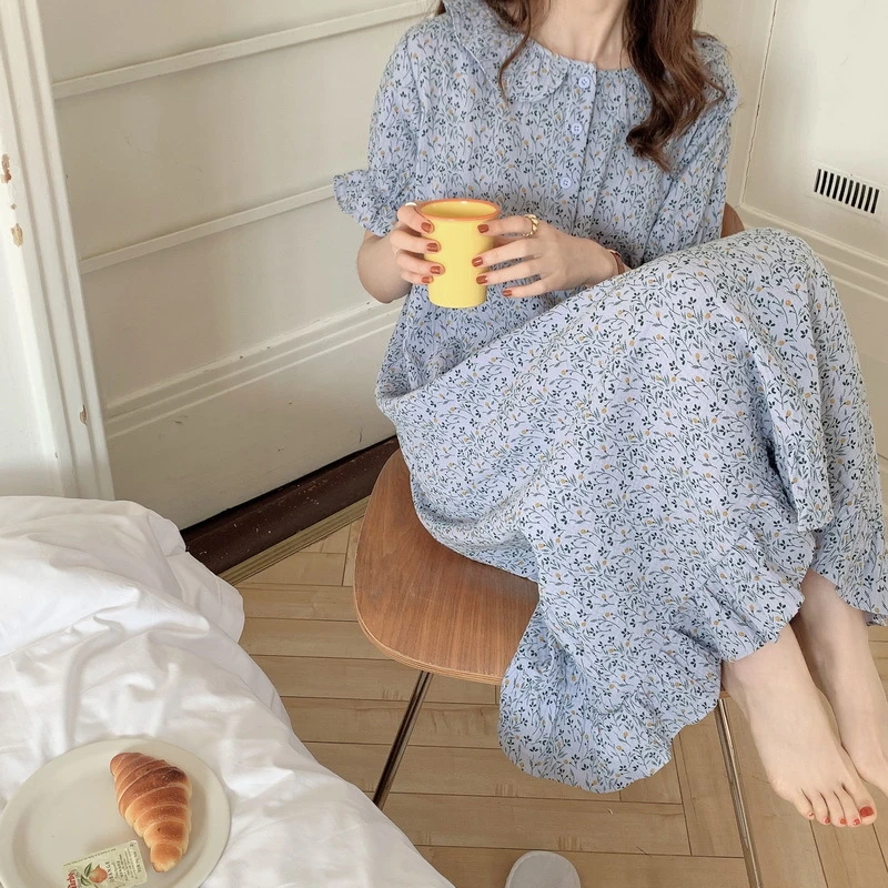 韩国ins甜美碎花纯棉纱布睡裙女短袖田园风娃娃领纯棉睡裙夏季