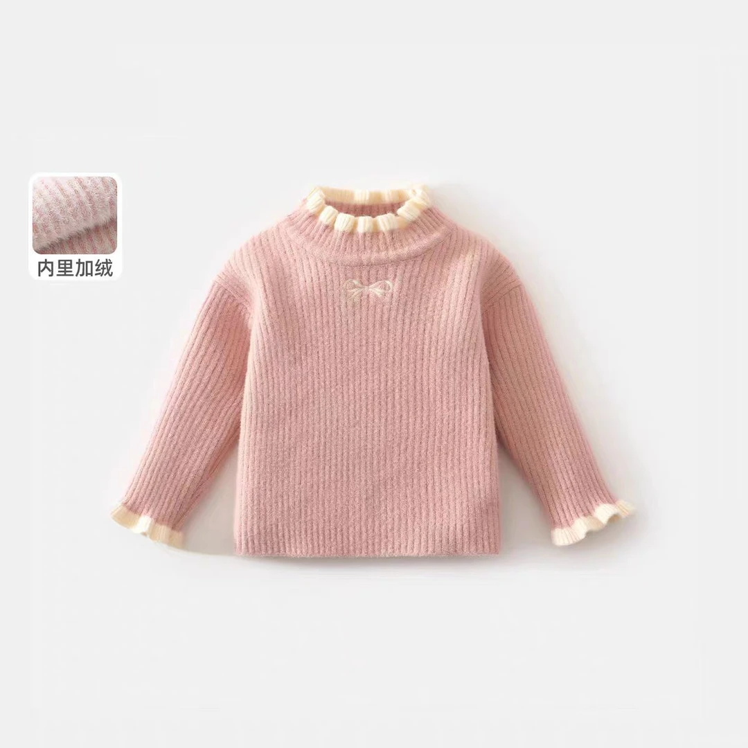 韩版女童刺绣蝴蝶结加绒加厚毛衣洋气新款百搭一体绒加厚保暖打底