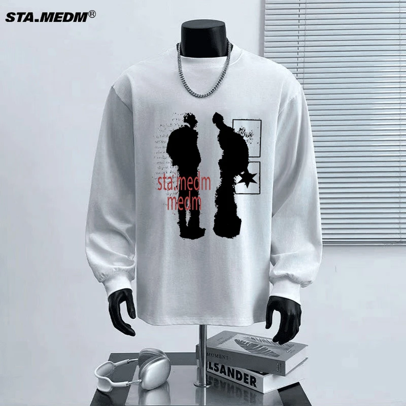 STA.MEDM联名美式复古街头幻化人像阴影长袖t恤男女情侣潮牌上衣