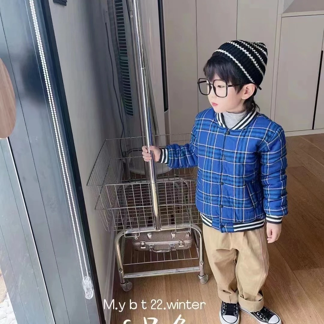 K164蓝色格子夹棉校服外套童装小